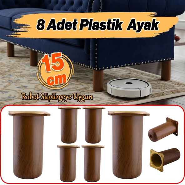 8 Adet Mobilya Kanepe Koltuk Baza Yükseltici Yükseltme Ayağı Ayakları Plastik Kestane Kahvesi 15 cm - Resim 3