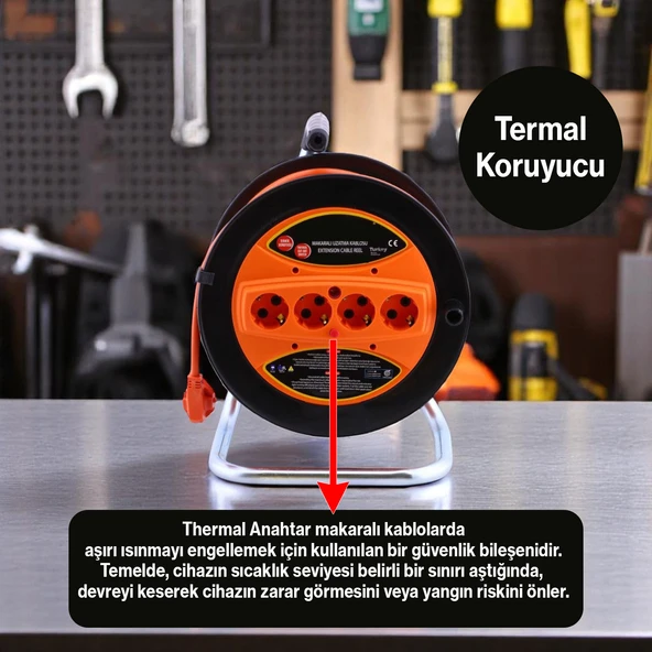 Makaralı Uzatma Kablosu CCA 3x1.5 mm 50 Metre Plastik Seyyar 4 Prizli Monofaze Termal Sigortalı - Resim 2
