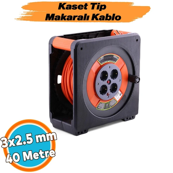 Seyyar Makaralı CCA Uzatma Kablosu 40 Metre 3x2.5 mm 4 Prizli Termal Sigortalı Plastik Kaset Tipi ürün görseli