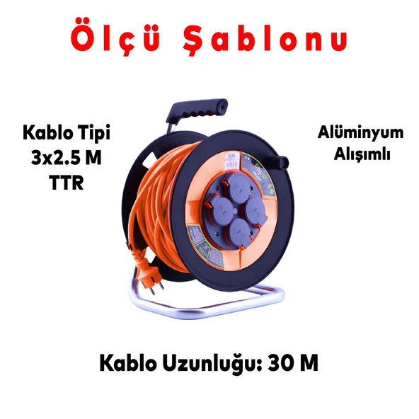 Plastik Makaralı Seyyar Kapaklı 4 Prizli IP44 Uzatma Kablosu 3x2.5 mm 30 Metre CCA Kablo - 3