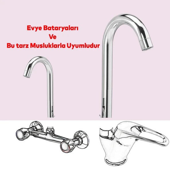 Lavabo Mutfak Musluk Batarya Kuğu Metal Lüks Uzun Evye Borusu Krom Su 360° Dönen Kaliteli Dayanıklı - Resim 2