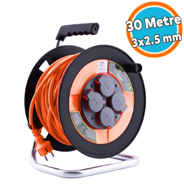 Plastik Makaralı Seyyar Kapaklı 4 Prizli IP44 Uzatma Kablosu 3x2.5 mm 30 Metre CCA Kablo