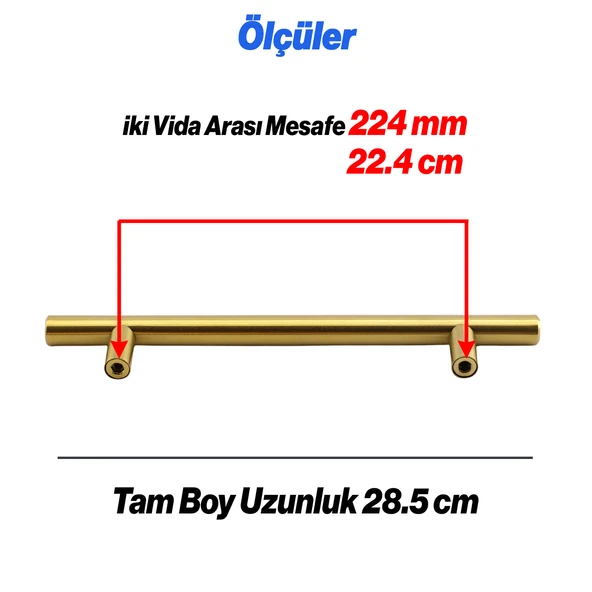 Mobilya Kulp Mutfak Dolap Çekmece Dolabı Kapak Kulpları Gold Altın 224 mm 22.4 cm Metal - Resim 2