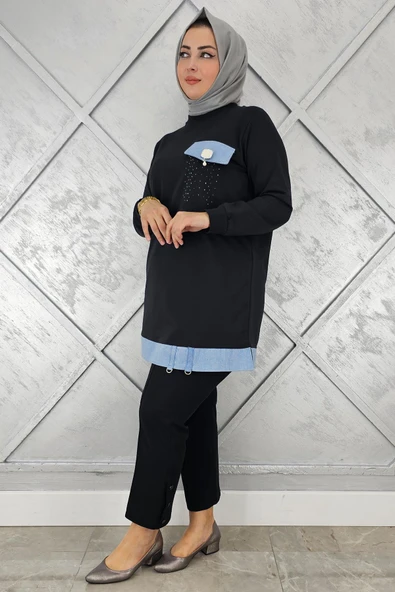 KADIN BROŞ VE KOMBİN DETAYLI TESETTÜR TUNİK - Resim 6