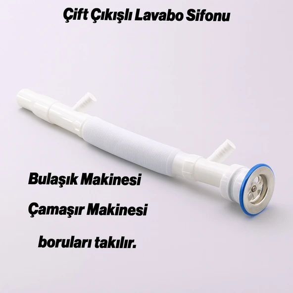 Çift Çıkışlı Lavabo Sifonu Körüklü Hortum Çamaşır ve Bulaşık Makinesi Uyumlu Süzgeç Koku Yapmaz - Resim 2