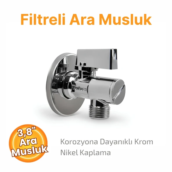 Ara Musluk 3/8 Filtreli Pirinç Krom Musluk Çamaşır Bulaşık Banyo Klozet Mutfak Ara Musluğu - Resim 3