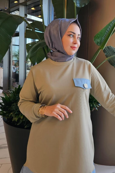 KADIN BROŞ VE KOMBİN DETAYLI TESETTÜR TUNİK - Resim 4