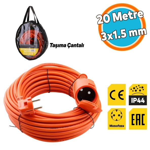 Uzatma Kablosu CCA 3x1.5 mm 20 METRE Topraklı Kablolu Tekli Grup Fiş Priz Kapaklı Monofaze Ev Tipi