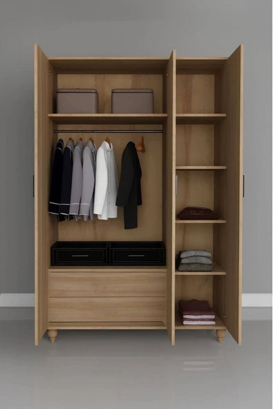 Alin Wood 3 Kapaklı Çekmeceli Dolap | MDF Gövde | Ağaç Ayaklar | Fonksiyonel ve Şık Tasarım - Resim 3