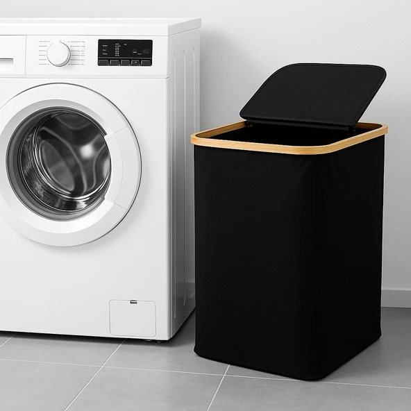 Doğal Bambu Çerçeveli Katlanabilir Kirli Sepeti – Kapaklı ve Kumaş Gövdeli Çamaşır Sepeti (Siyah) BR-6706 - Resim 2