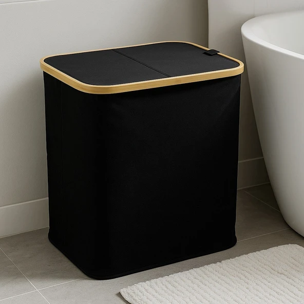 Doğal Bambu Çerçeveli Katlanabilir Kirli Sepeti – Kapaklı ve Kumaş Gövdeli Çamaşır Sepeti (Siyah) BR-6706 ürün görseli
