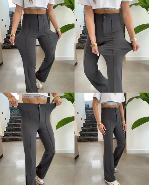 Kadın Yüksek Bel Full Likralı Krep Kumaş Pantolon - Resim 3