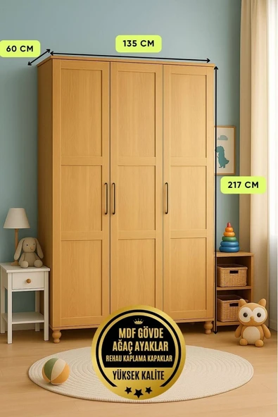 Alin Wood 3 Kapaklı Çekmeceli Dolap | MDF Gövde | Ağaç Ayaklar | Fonksiyonel ve Şık Tasarım - Resim 2