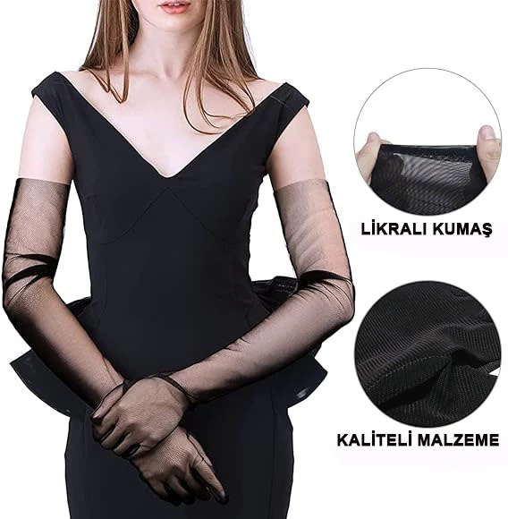 Uzun Boy Likralı Siyah Renk Yetişkin Mega Tül Eldiven 53 cm - Resim 4