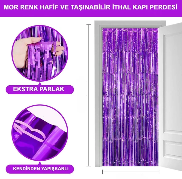 Mor Renk ENessiWorldtra Metalize Parlak Saçaklı Arka Fon Perde İthal A Kalite 1x2 Metre - 2