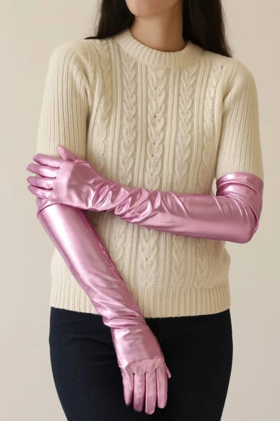 Uzun Boy ENessiWorldtra Parlak Saten Eldiven Pembe Renk ürün görseli