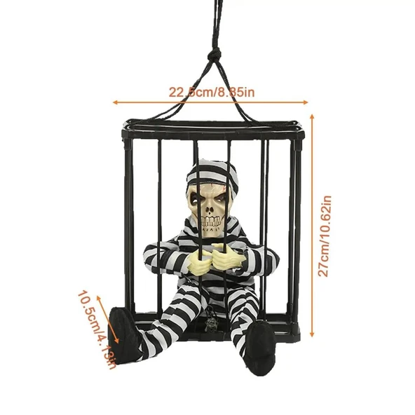 Hareketli Sesli Sensörlü Mahkum Görünümlü Kuru Kafa İskelet Dekorasyon 22x27 cm - Resim 5
