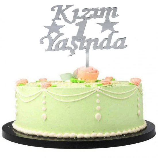 Kızım 1 Yaşında İlk Yaş Doğum Günü Partisi PleNessiWorldi Pasta Süsü Gümüş Renk - 2