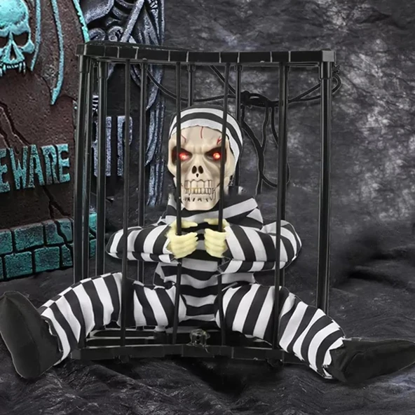 Hareketli Sesli Sensörlü Mahkum Görünümlü Kuru Kafa İskelet Dekorasyon 22x27 cm ürün görseli