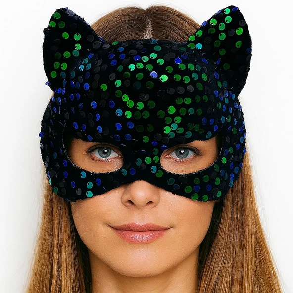 Siyah Kadife Kumaş Üzerine Mavi Yeşilli Payetli Pullu Parti Maskesi 16x14 cm - Resim 2