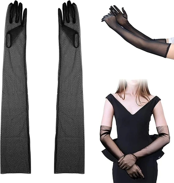 Uzun Boy Likralı Siyah Renk Yetişkin Mega Tül Eldiven 53 cm ürün görseli