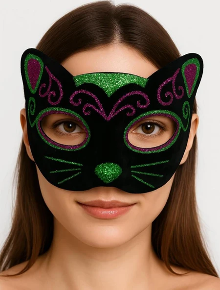 Siyah Kadife Kaplama Üzeri Pembe Yeşil Sim İşlemeli Kedi Maskesi 20x13 cm - 2