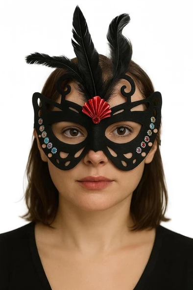 Siyah Renk Siyah Süet Kaplama Tüylü Kelebek Figür Parti Maskesi 24x18 cm ürün görseli