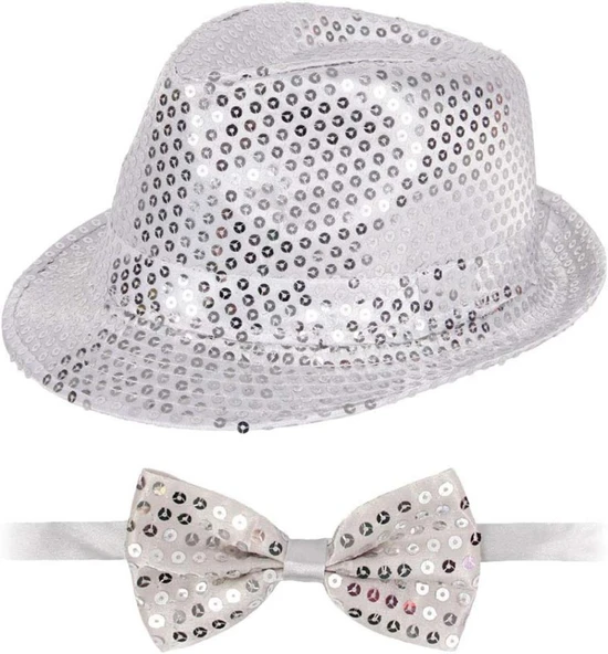 Gümüş Payetli Şapka ve Papyon Seti – Parıltılı Yetişkin Kostüm Seti ürün görseli