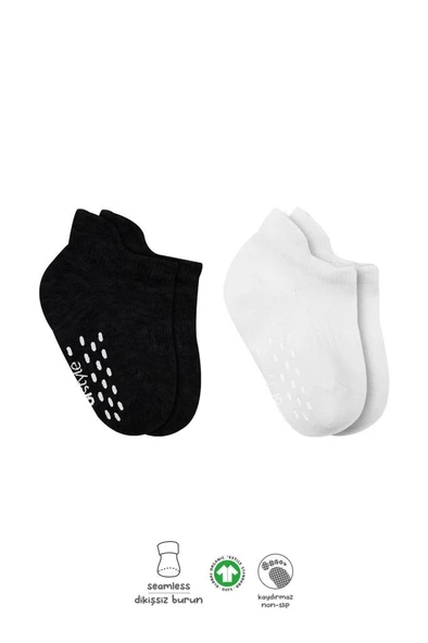 NessiWorld 2'Li Sneakers Kaymaz Basic Penye Çorap BS20103 Siyah Ekru