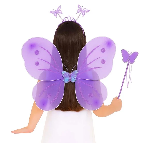 Lila Renk Kelebek Kanadı Tacı ve Sopası 50x37 cm - Resim 2