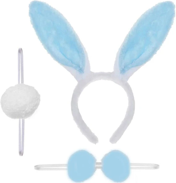 Tavşan Kostüm Seti Taç Papyon Ponpon Kuyruk Mavi - Resim 2