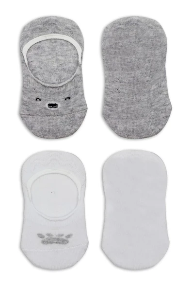 NessiWorld 2'Li Babet Cute Face Penye Çorap BS30103 Gri Beyaz - Resim 4