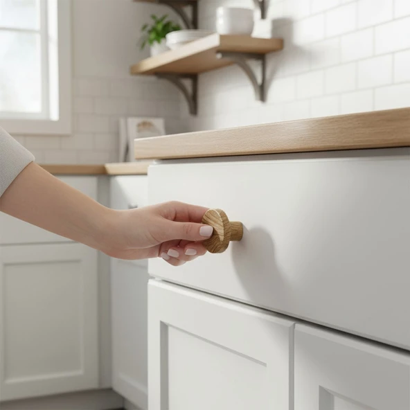 Tek Vidalı Bohem İç Bükey Plastik Düğme Kulp Kubik Kayın Bej Renk Mobilya Dolap Çekmece Kulpu Kulbu - Resim 7