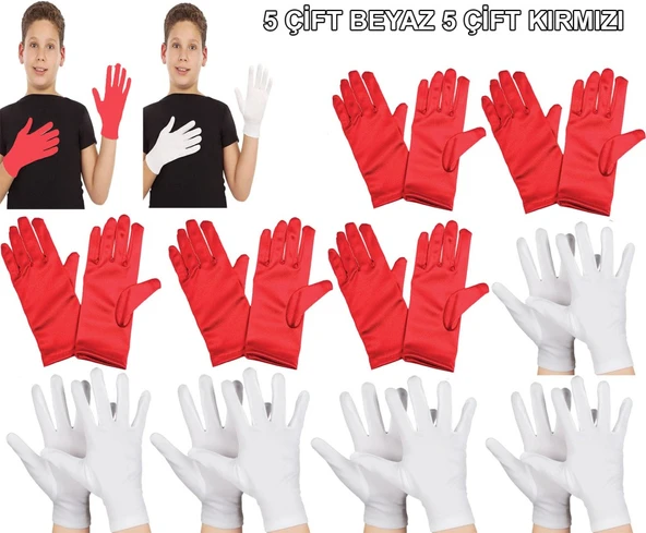 Çocuk Gösteri Eldiven Seti – 5 Çift Beyaz & 5 Çift Kırmızı