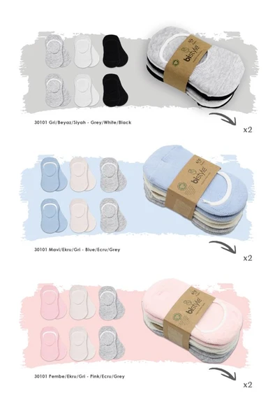 NessiWorld 6'Lı Silikonlu Babet Penye Çorap BS30101B Pembe Ekru Gri - Resim 2