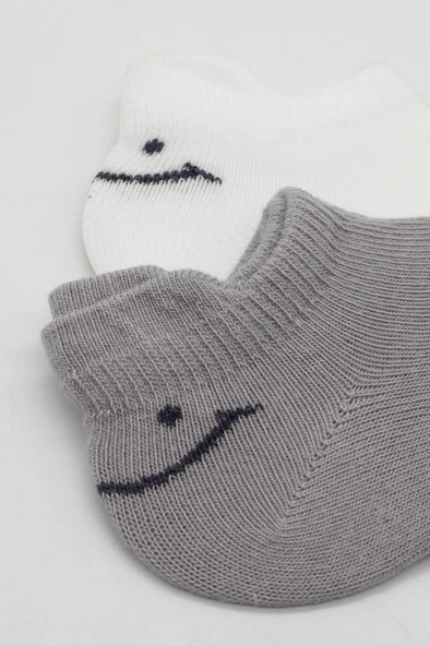 NessiWorld 2'Li Sneakers Smile Penye Çorap BS20106 Gri Ekru - 3