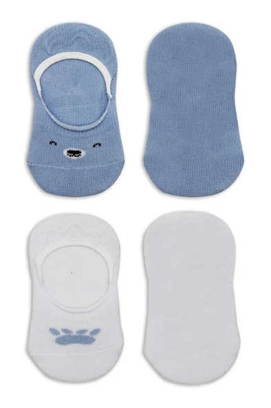 NessiWorld 2'Li Babet Cute Face Penye Çorap BS30103 Mavi-Beyaz - Resim 4