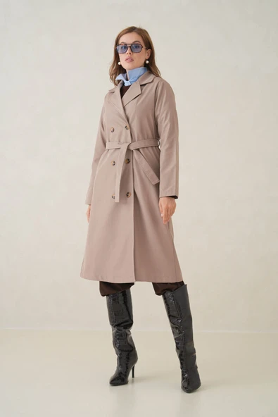 Su Geçirmez Kruvaze Yaka Sık Dokuma Kadın Trençkot - Resim 8