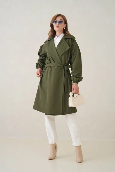 Su Geçirmez Kruvaze Yaka Sık Dokuma Kadın Trençkot - Resim 9