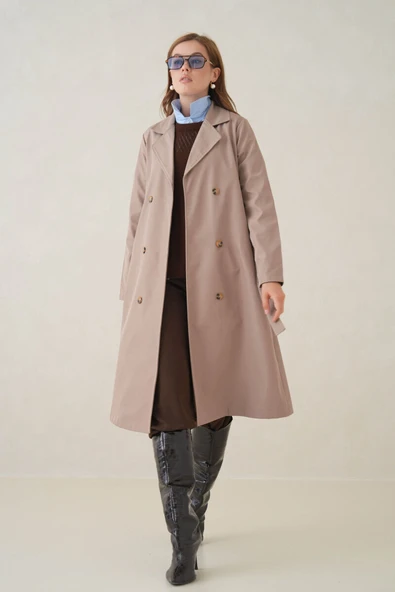 Su Geçirmez Kruvaze Yaka Sık Dokuma Kadın Trençkot - Resim 7