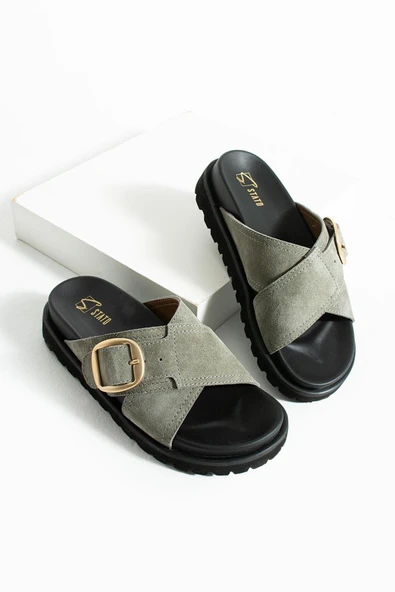 Stato Tekstil-Nappa Hafif Comfort Kadın Haki Terlik 25Y-1484 - Resim 7