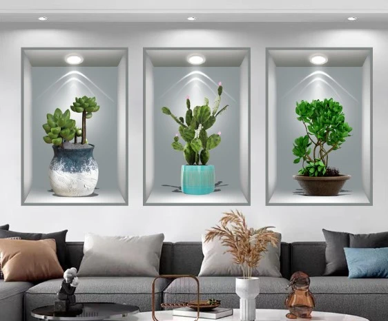 3D Çiçek Vazo Duvar Sticker 3 lü Set GRİ Fon - 3