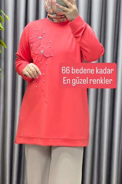 Kadın Giyim Büyük Beden Modal Çiçek Aplik Tunik - Resim 3