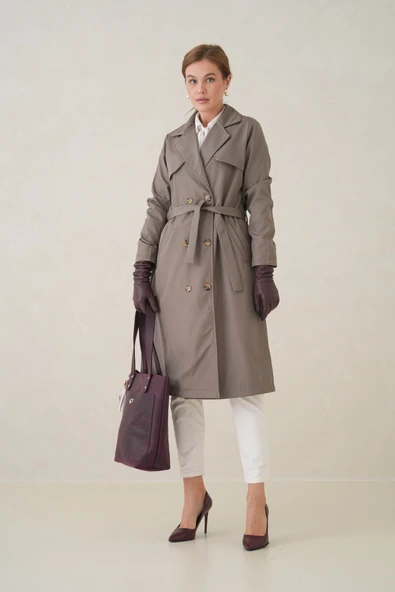 Su Geçirmez Kruvaze Yaka Sık Dokuma Kadın Trençkot - Resim 9