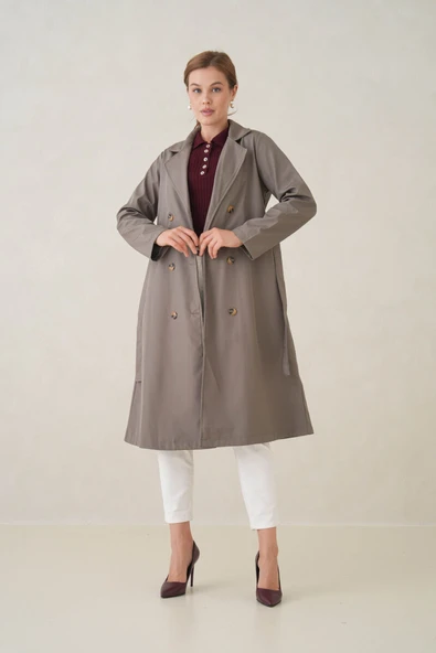 Su Geçirmez Kruvaze Yaka Sık Dokuma Kadın Trençkot ürün görseli