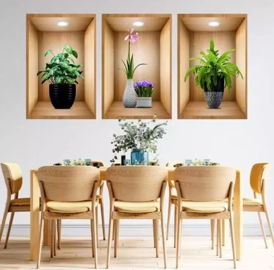 3D Çiçek Vazo Duvar Sticker 3 lü Set Kahverengi Fon - 3