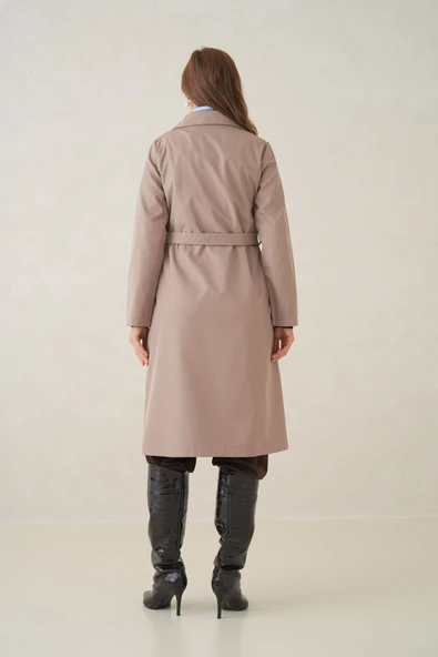 Su Geçirmez Kruvaze Yaka Sık Dokuma Kadın Trençkot - Resim 12