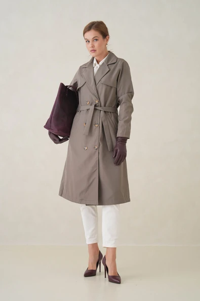 Su Geçirmez Kruvaze Yaka Sık Dokuma Kadın Trençkot - Resim 10