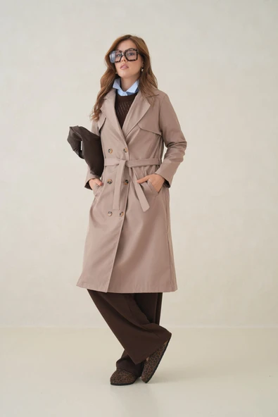 Su Geçirmez Kruvaze Yaka Sık Dokuma Kadın Trençkot - Resim 4