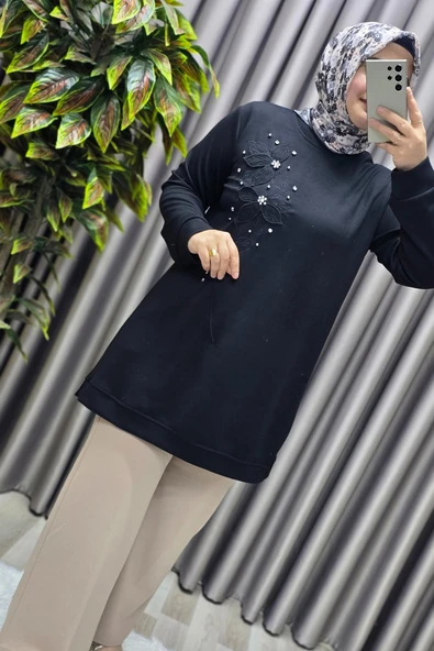 Kadın Giyim Büyük Beden Modal Çiçek Aplik Tunik - Resim 5